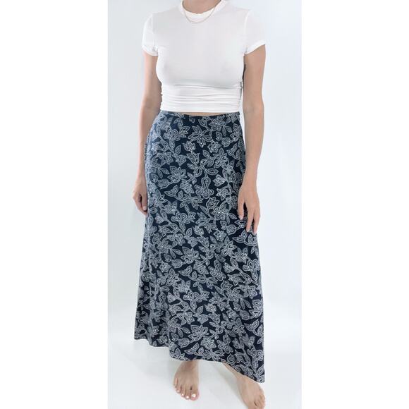 Vintage Dresses & Skirts - SOLD OUT Vintage 90s Floral Navy Blue Silk High Rise Maxi Skirt Size Small